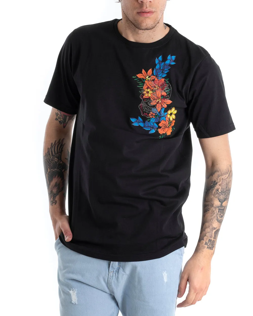 T-shirt Uomo Manica Corta Tinta Unita Nera Ricamo Fiori Girocollo GIOSAL