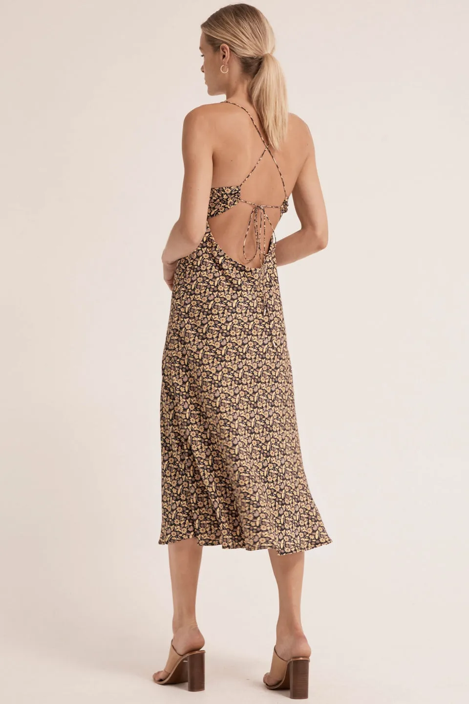 Take Me Away Strappy Back Batik Black Print Bias Midi Dress