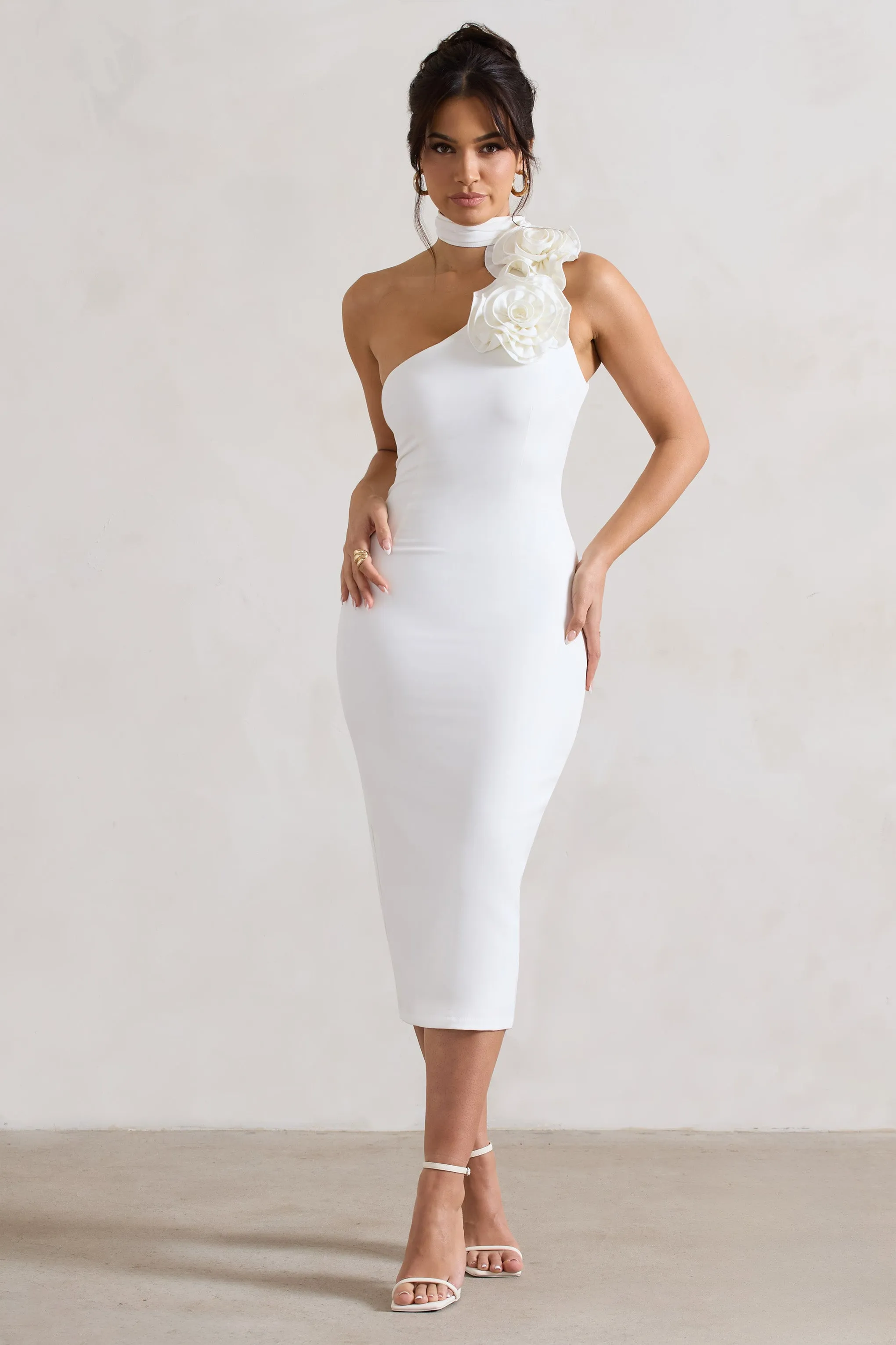 The Soiree | White Bodycon Midi Dress With Ruffled Choker