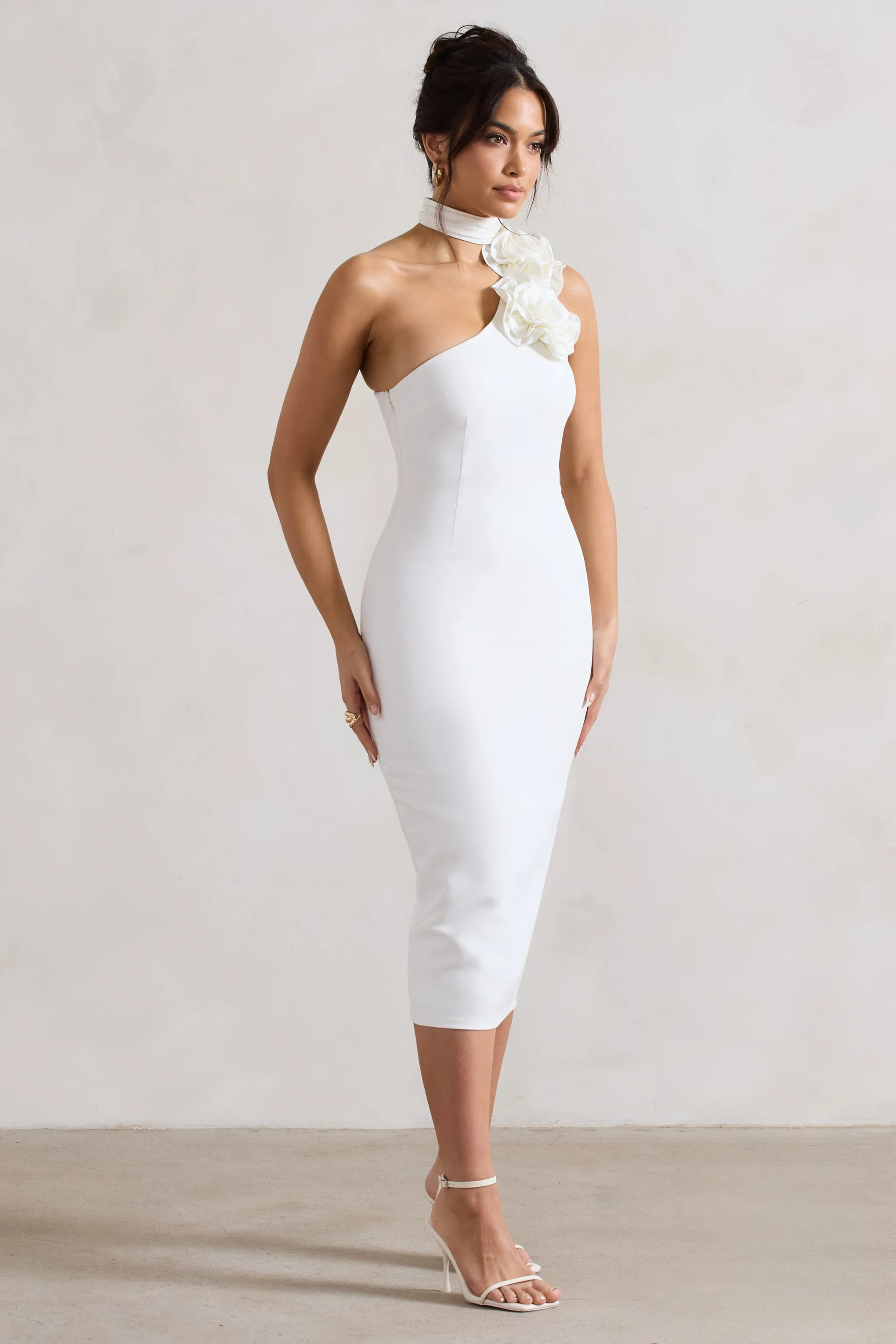 The Soiree | White Bodycon Midi Dress With Ruffled Choker