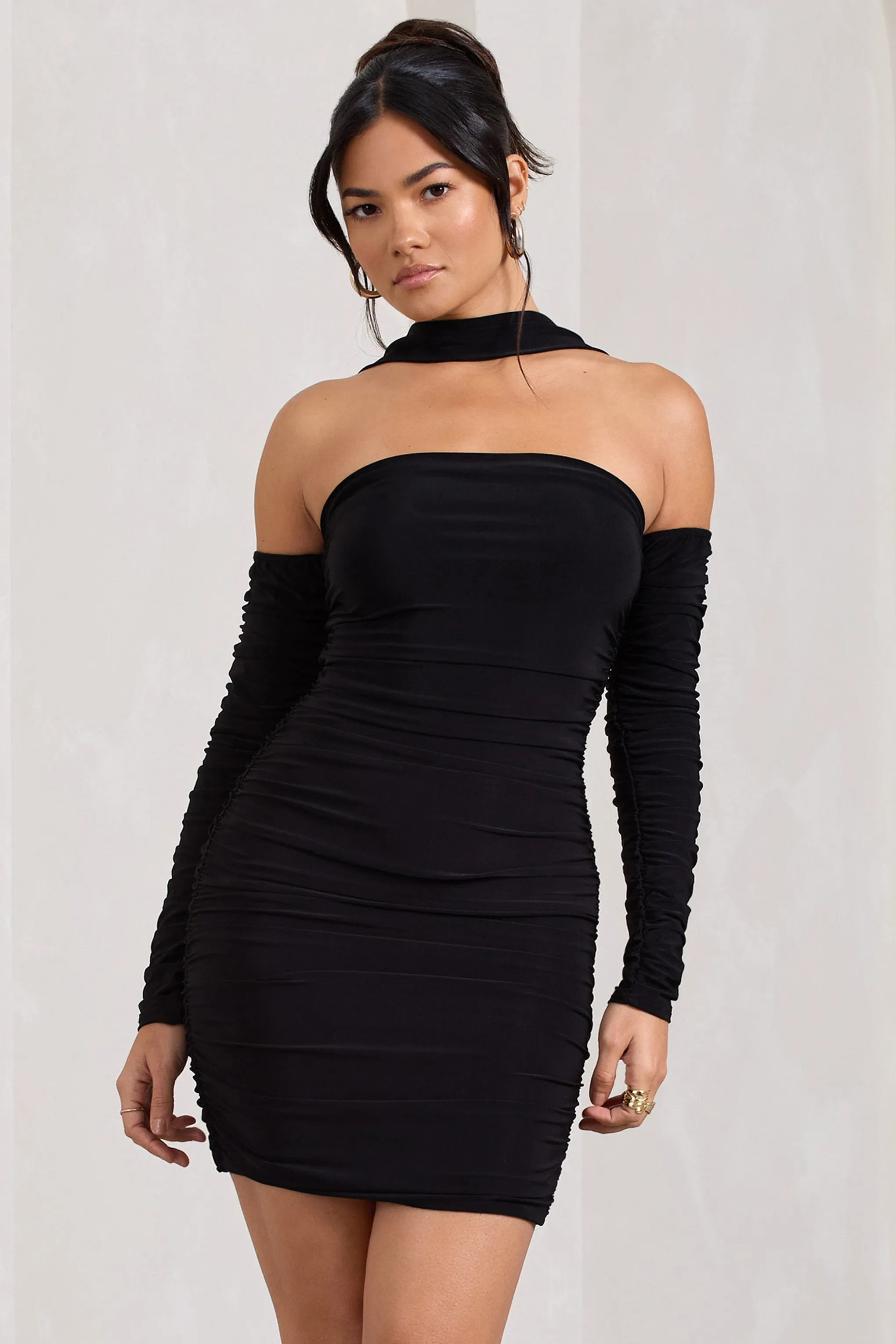 Thea | Black Ruched Long-Sleeved Bodycon Mini Dress With Halter Collar