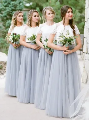 Two Piece Round Neck Grey Tulle Bridesmaid Dress